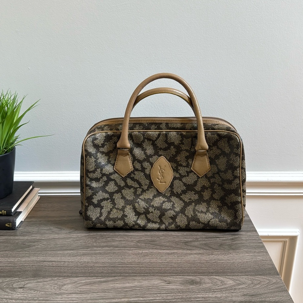 Vintage YSL Giraffe Print Boston Bag Brown Mocha  Canvas Leather Trim Luxury